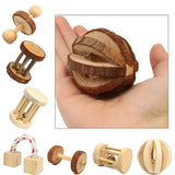 Cute Hamster Roller Toys Natural Wooden Pine Dumbells Unicycle Bell Chew Toys for Rabbit Guinea Pigs Small Pet Molars Supplies